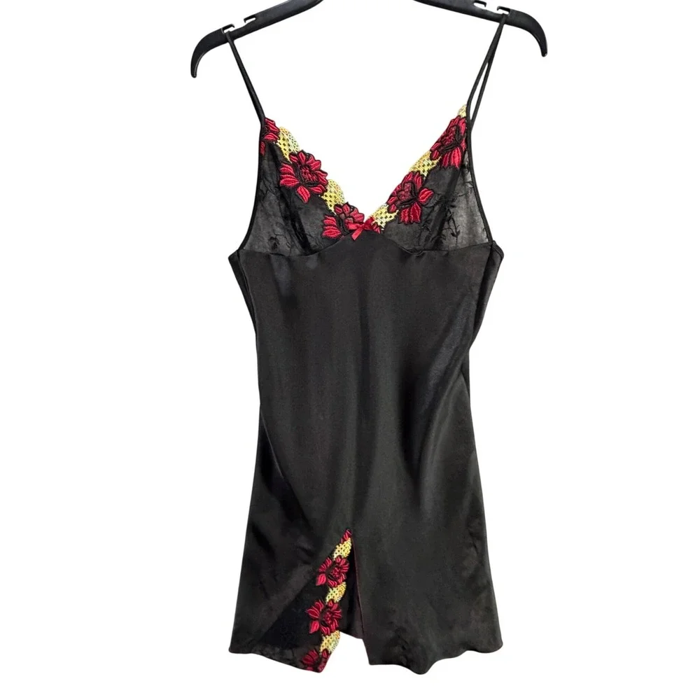 Jasmin Y2K Satin Slip Dress Small Black Red Floral Embroidery Nightwear Lingerie